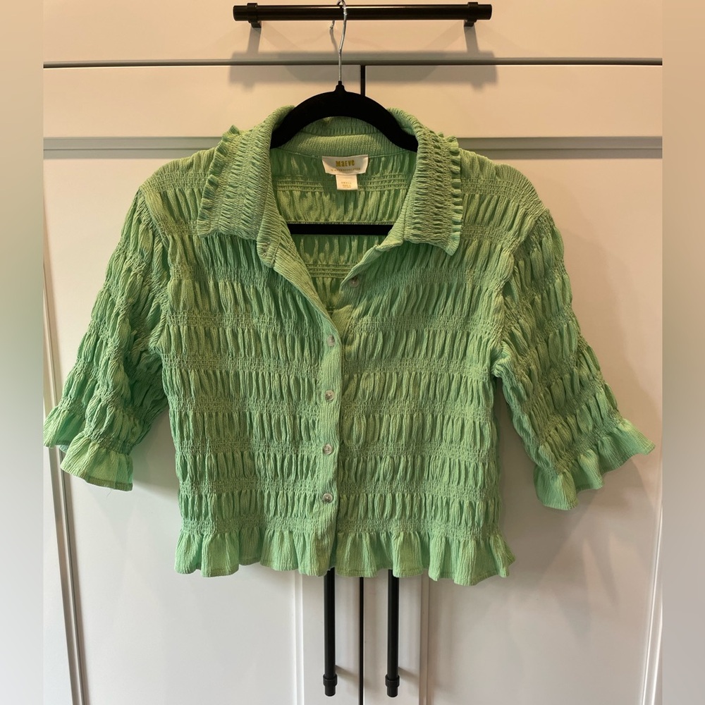 Maeve by Anthropologie Green Smocked Button-Front Ruffle Top – Size Small